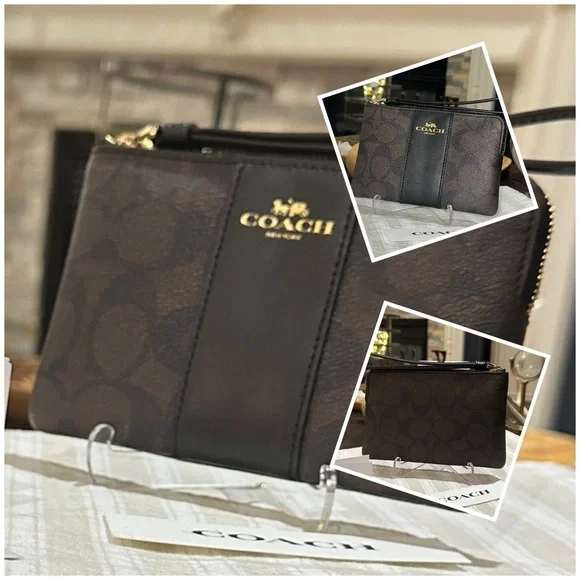 COACH Signature PVC Leather Corner Zip Wristlet w/Stripe in Walnut Brown & Black - Picture 1 of 15